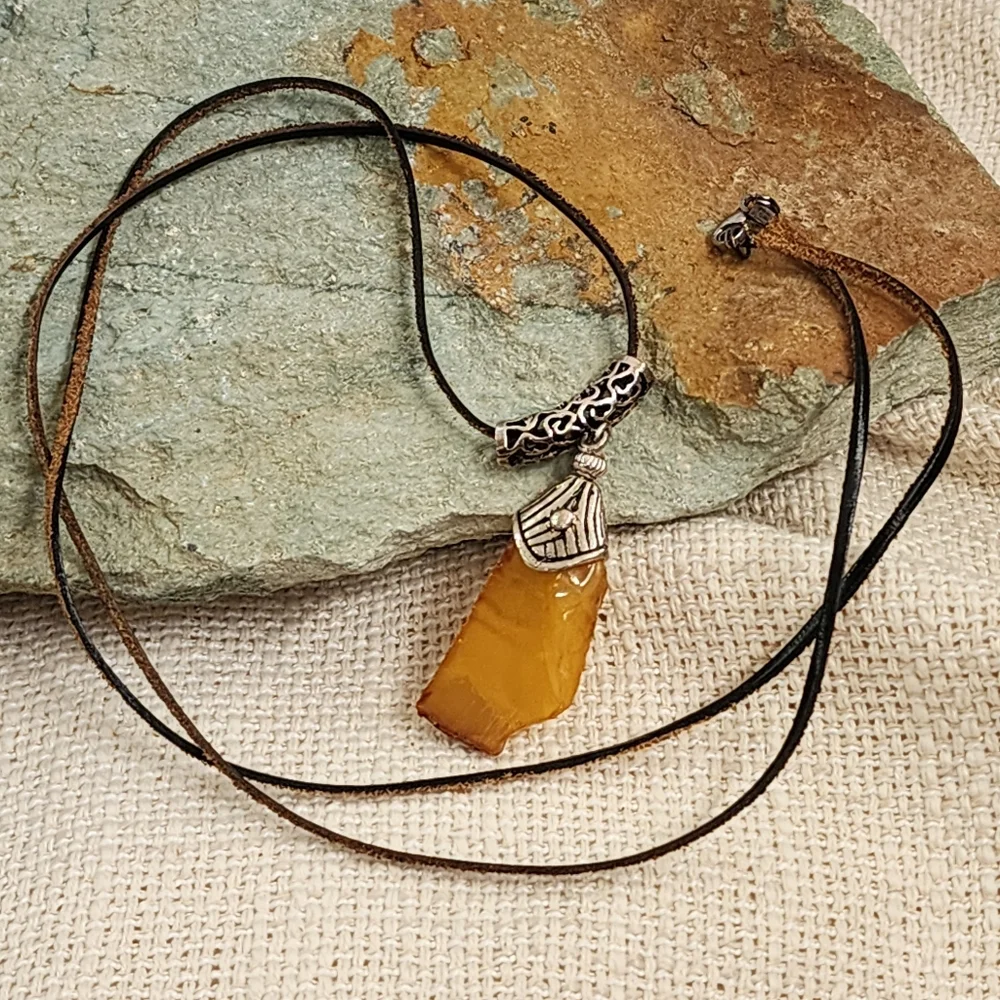 Amber Jewelry Natural Amber Nugget Rhodium Silver Pendant Genuine Leather
